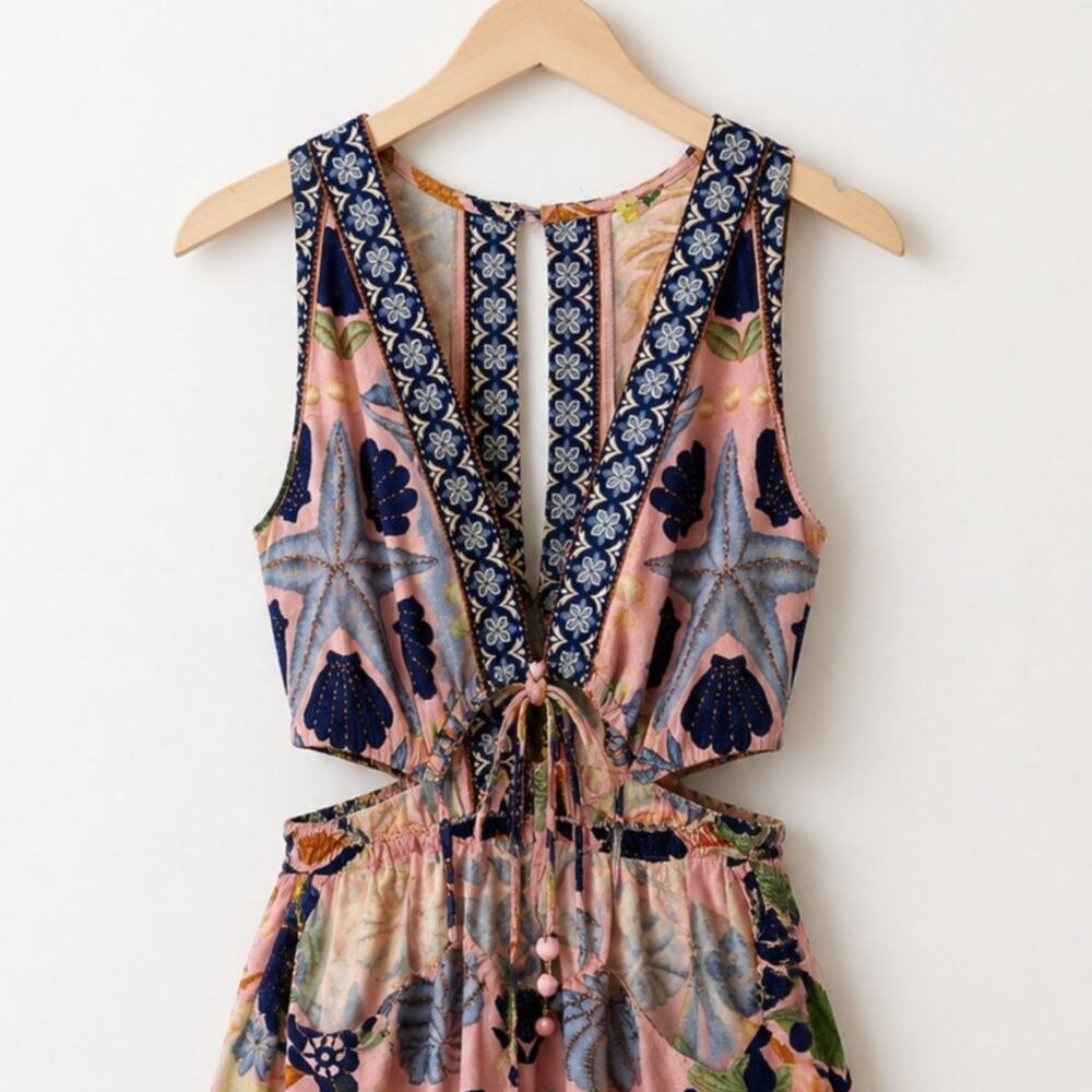 FARM Rio Tapestry Seashell Print Linen Blend Cutout Mini Dress Size Small - Picture 4 of 7